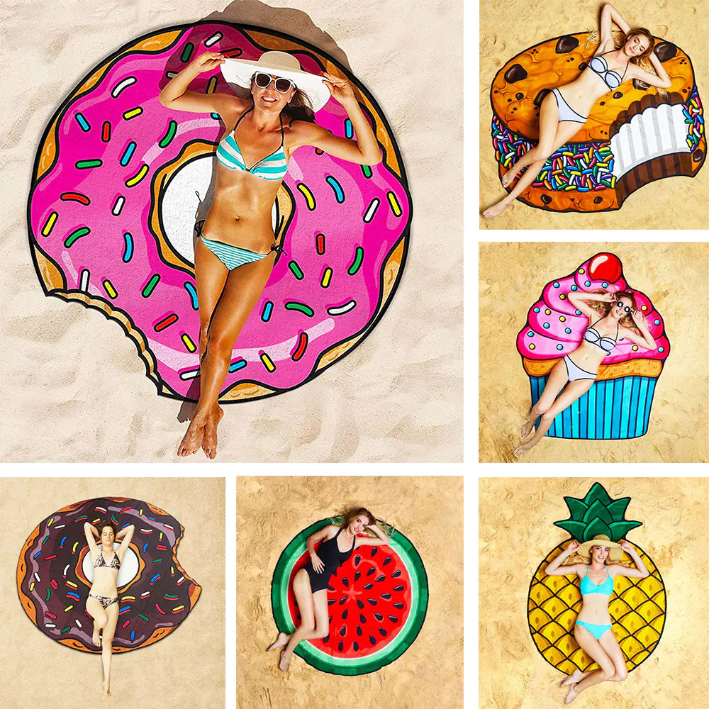 Collage of people lounging on inflatable fruit and dessert-shaped pool floats on sand.